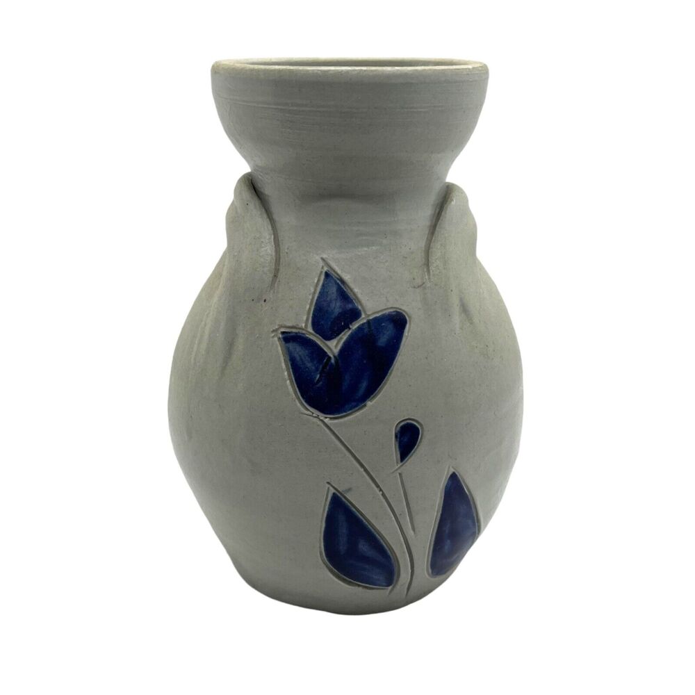 Williamsburg Pottery Jug Vase Vintage 1980s Stamped Blue Flower 2 Handle 6.5"